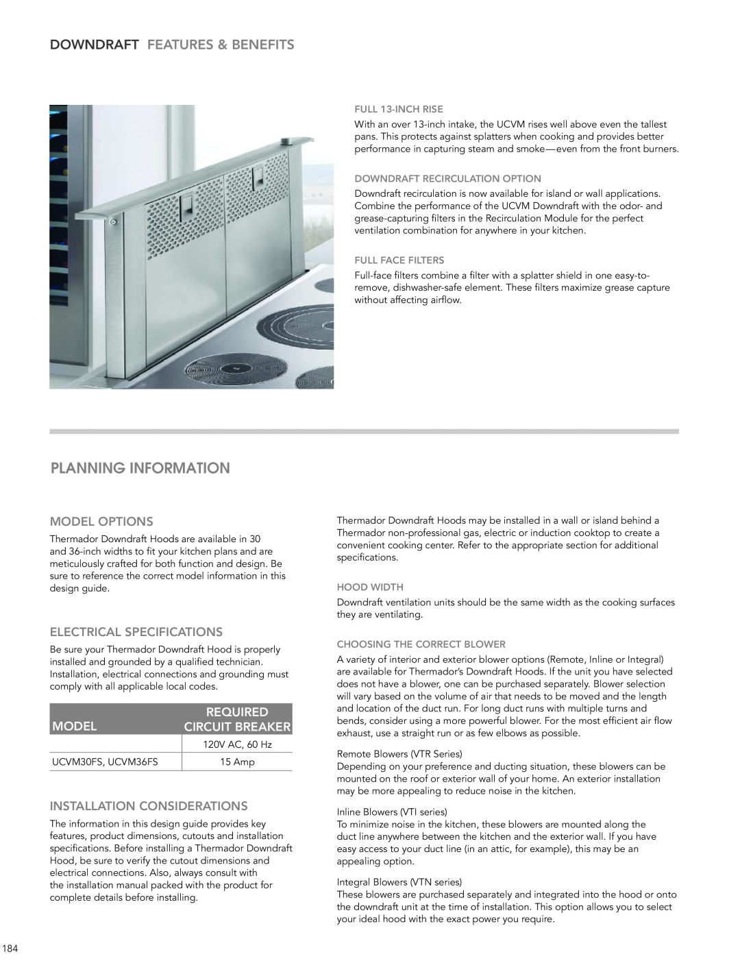 Thermador HMWB36FS Downdraft Features & Benefits, Required, Circuit Breaker, FULL 13-INCH RISE, Full Face Filters, 15 Amp 