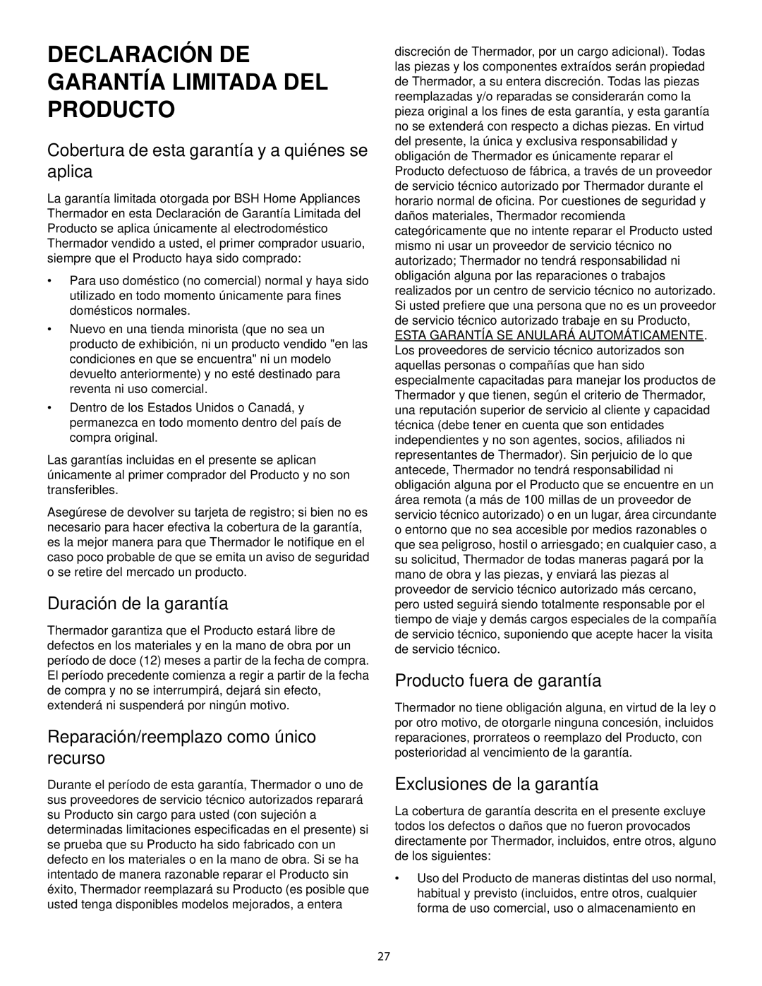 Thermador HMWN48, HMWN30, HMWN36 manual Declaración DE Garantía Limitada DEL Producto 