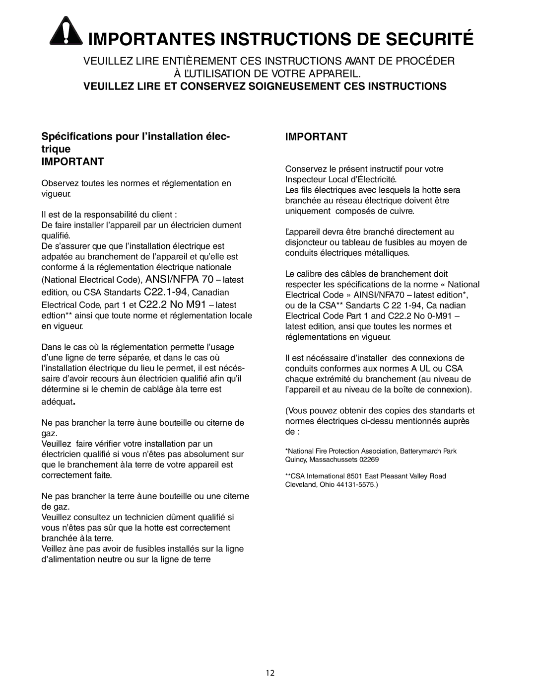 Thermador HPWB48, HPWB30, HPWB36 Importantes Instructions DE Securité, Spécifications pour l’installation élec- trique 