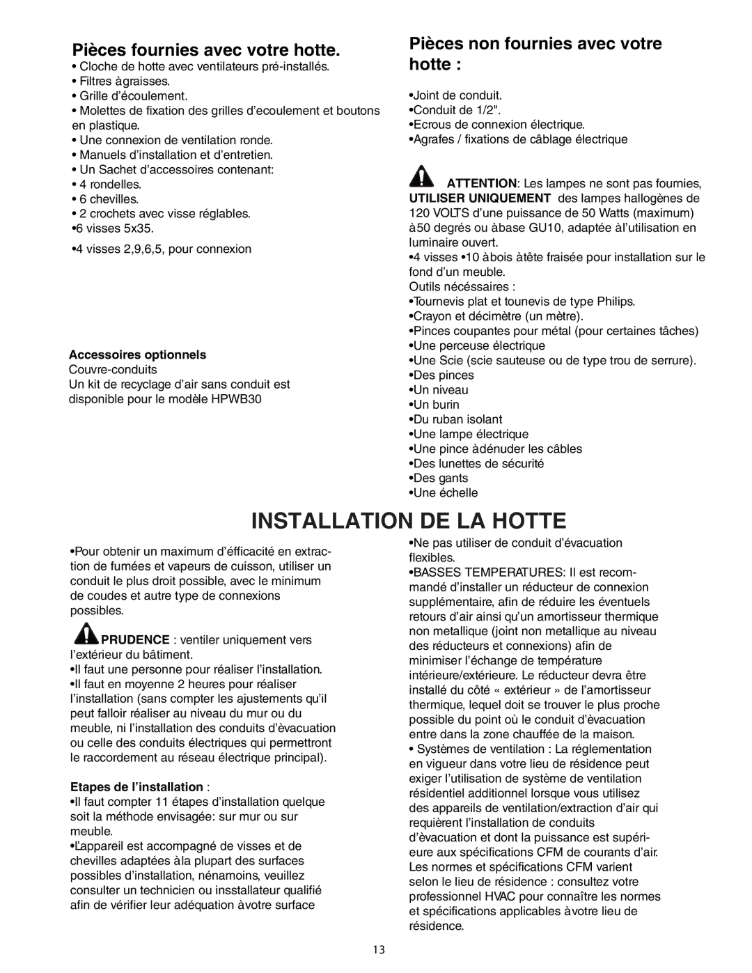 Thermador HPWB30, HPWB48, HPWB36 installation manual Accessoires optionnels, Etapes de l’installation 