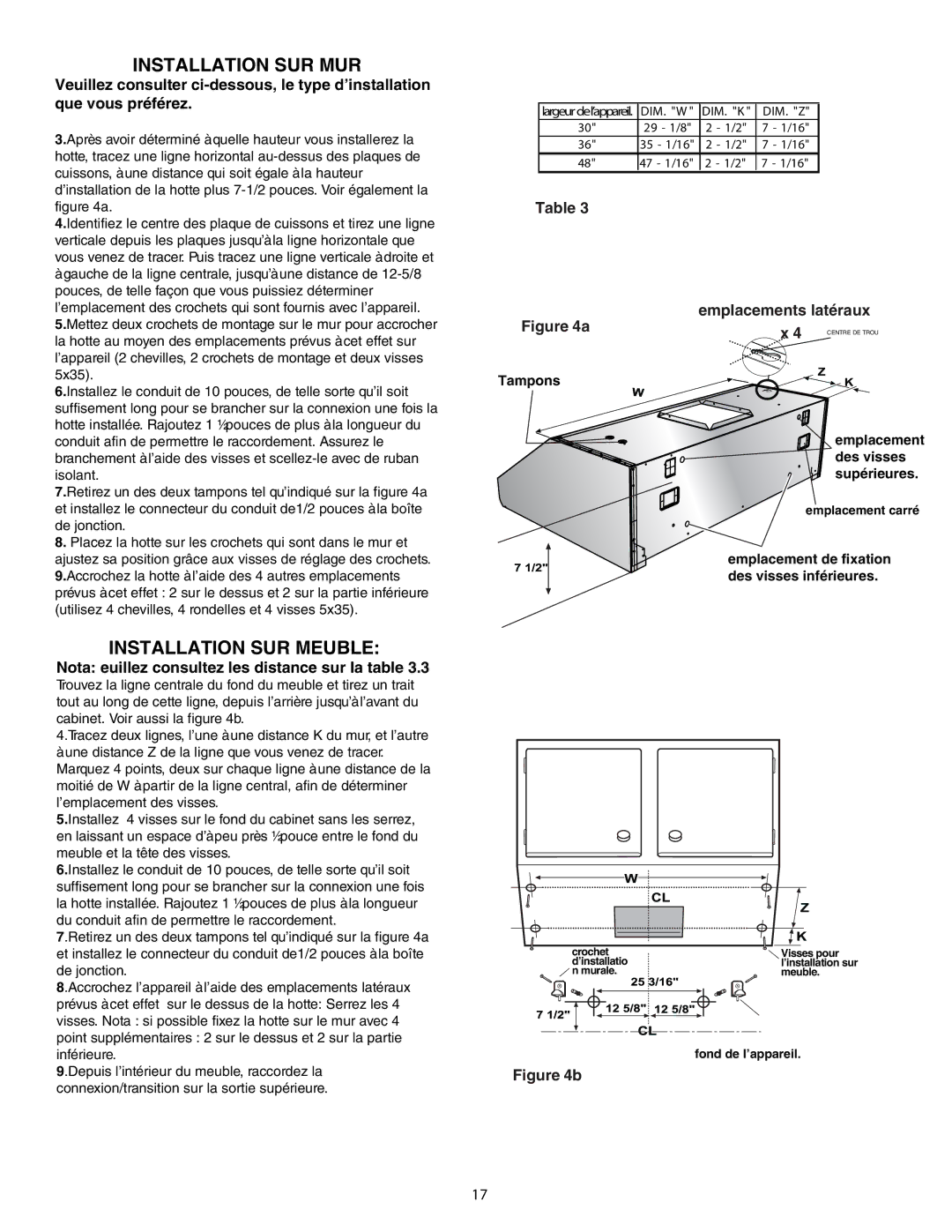 Thermador HPWB36, HPWB48, HPWB30 installation manual Installation SUR MUR, Nota euillez consultez les distance sur la table 