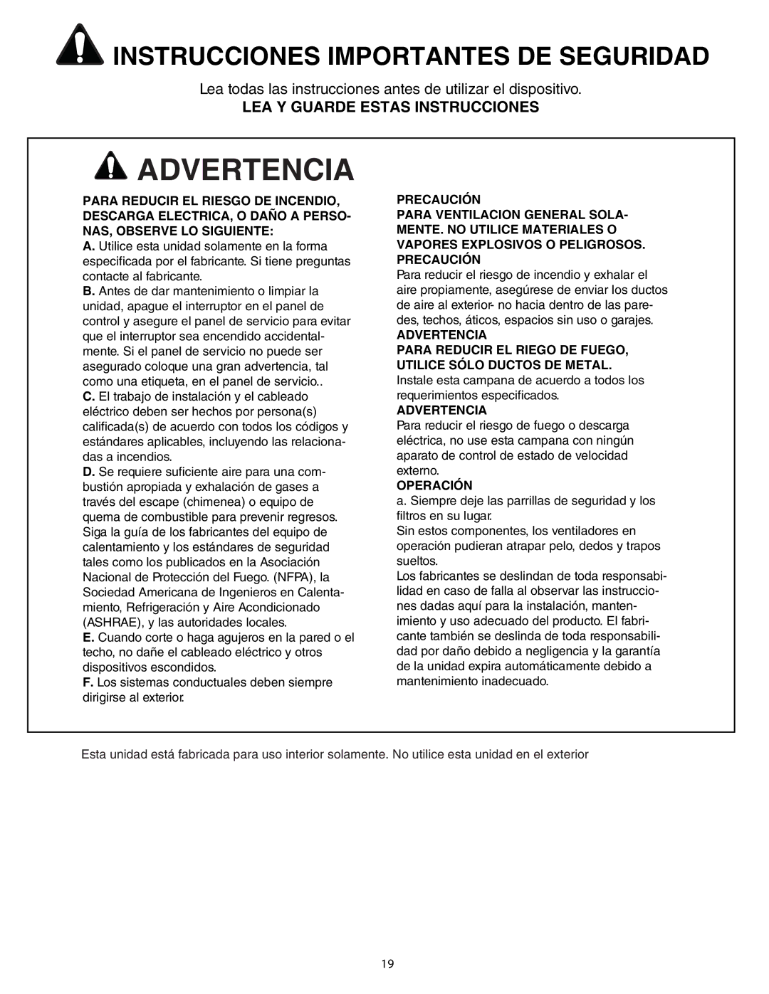 Thermador HPWB30, HPWB48, HPWB36 installation manual Advertencia, Instrucciones Importantes DE Seguridad 