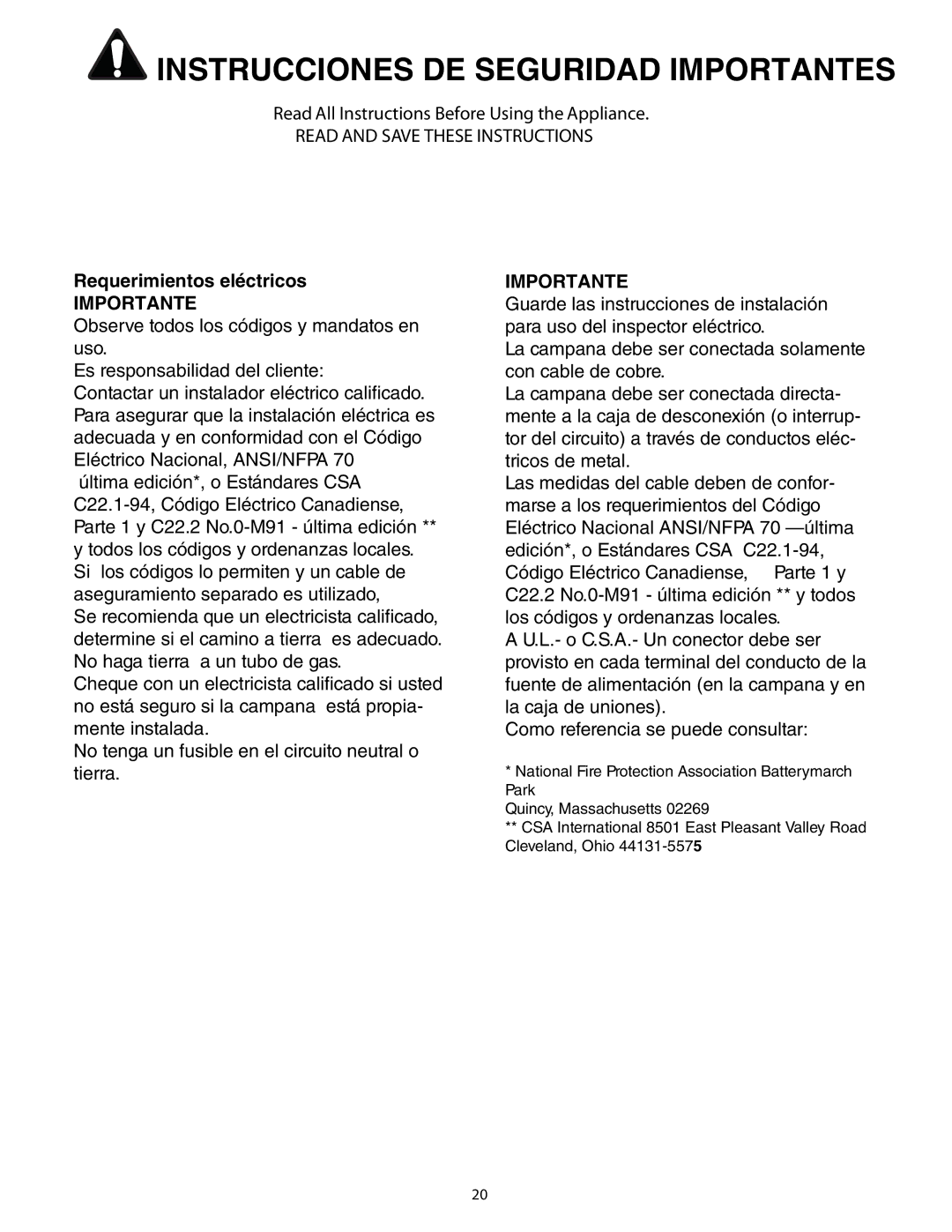 Thermador HPWB36, HPWB48, HPWB30 installation manual Instrucciones DE Seguridad Importantes, Requerimientos eléctricos 