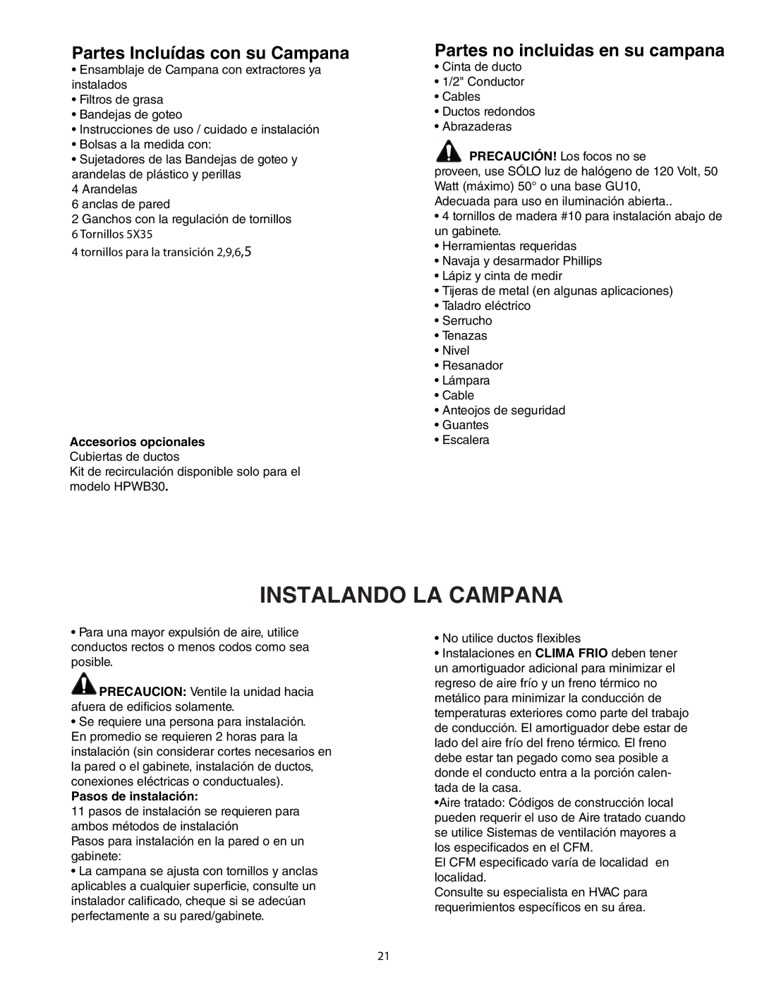 Thermador HPWB48, HPWB30, HPWB36 installation manual Accesorios opcionales, Pasos de instalación 