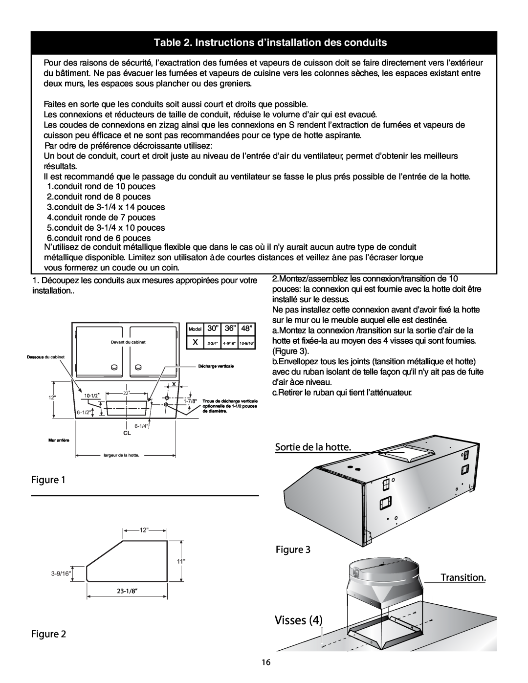 Thermador HPWB30, HPWB48, HPWB36 installation manual Visses, Instructions d’installation des conduits 