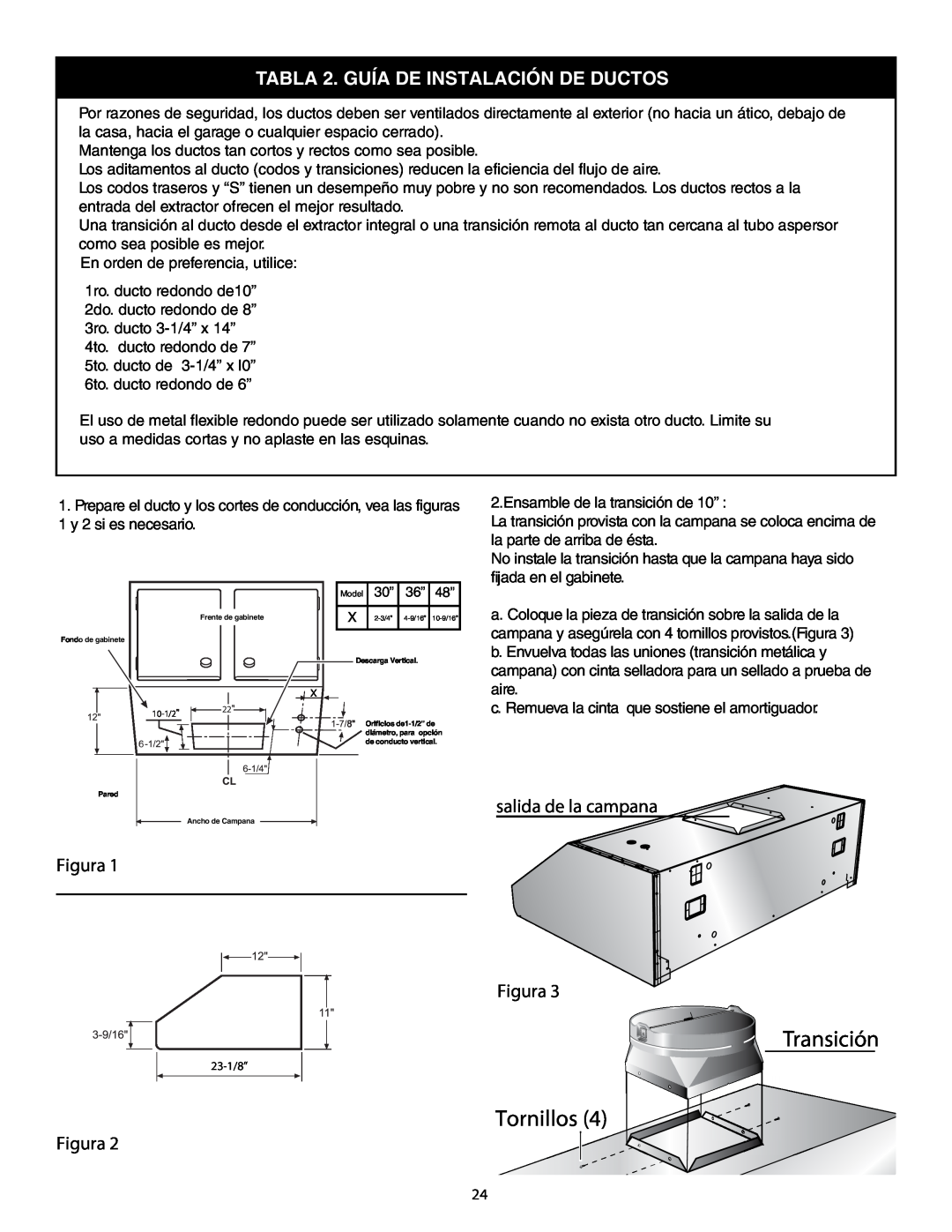 Thermador HPWB48, HPWB30, HPWB36 installation manual Transición Tornillos, TABLA 2. GUÍA DE INSTALACIÓN DE DUCTOS 