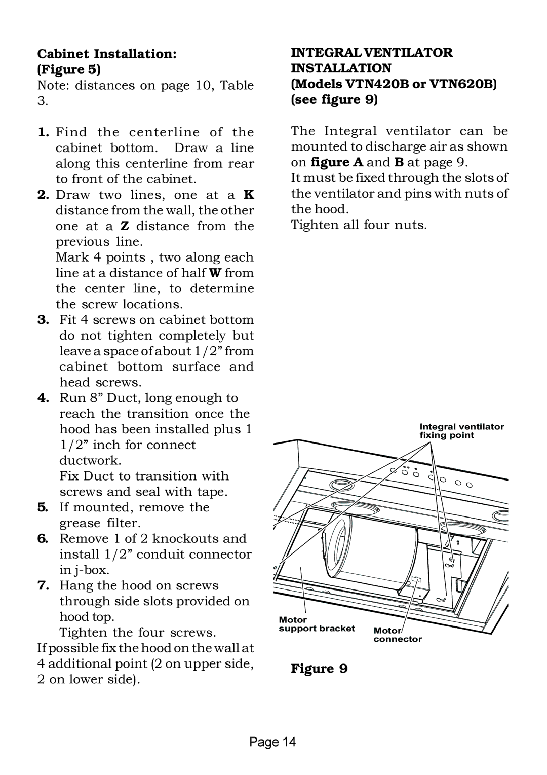 Thermador HS-HST-HSB Cabinet Installation Figure, Integral Ventilator Installation, Models VTN420B or VTN620B see figure 