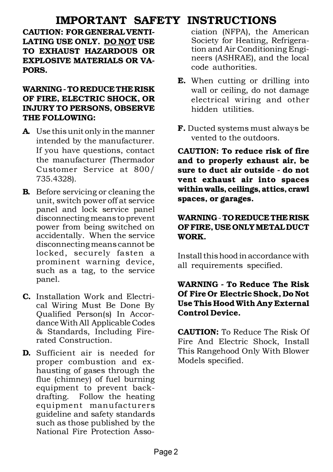 Thermador HS-HST-HSB installation instructions Important Safety Instructions, FIRE, USE only Metal Duct Work 