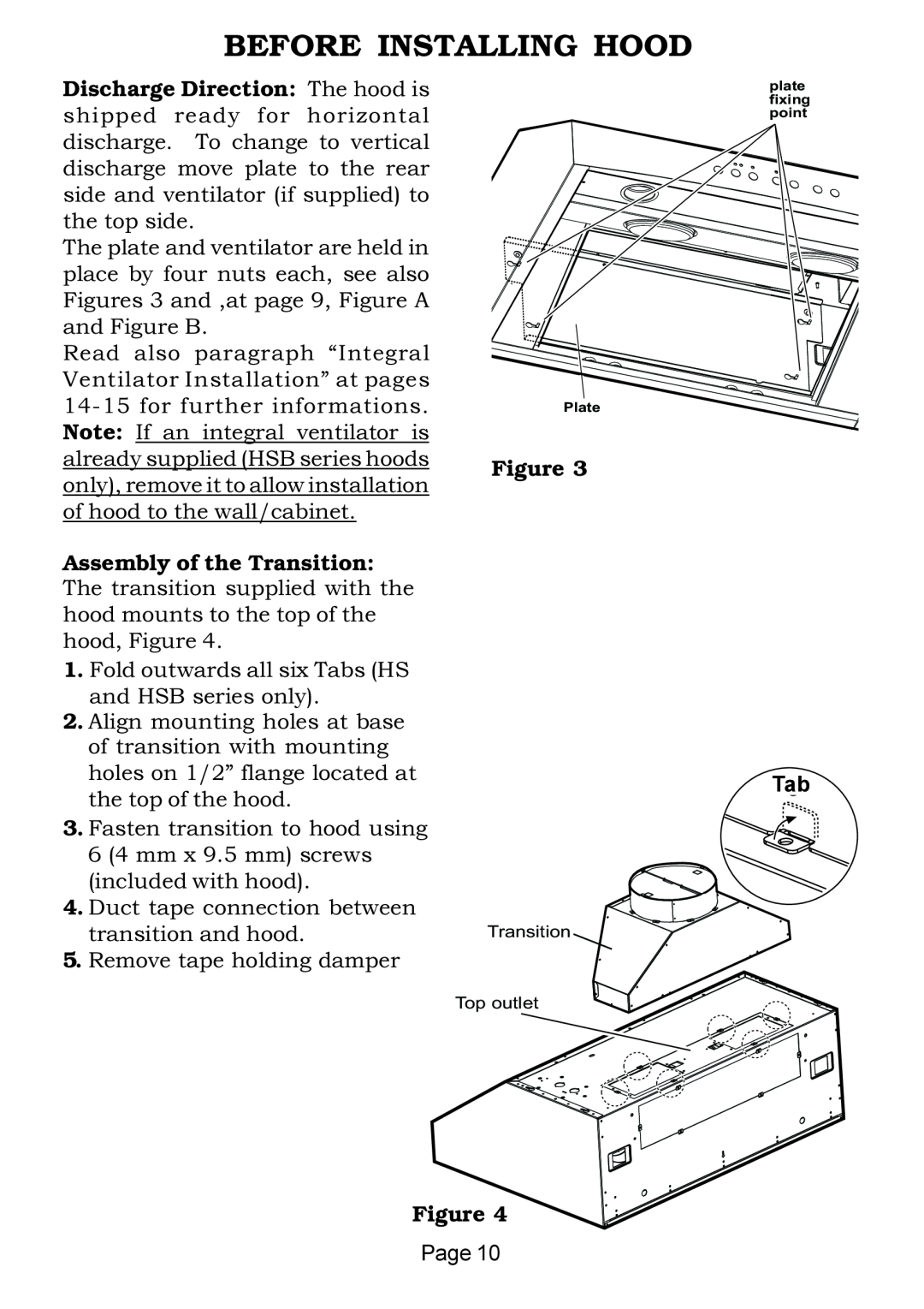 Thermador HS-HST-HSB installation instructions Before Installing Hood, Transition Top outlet, Plate, plate fixing point 