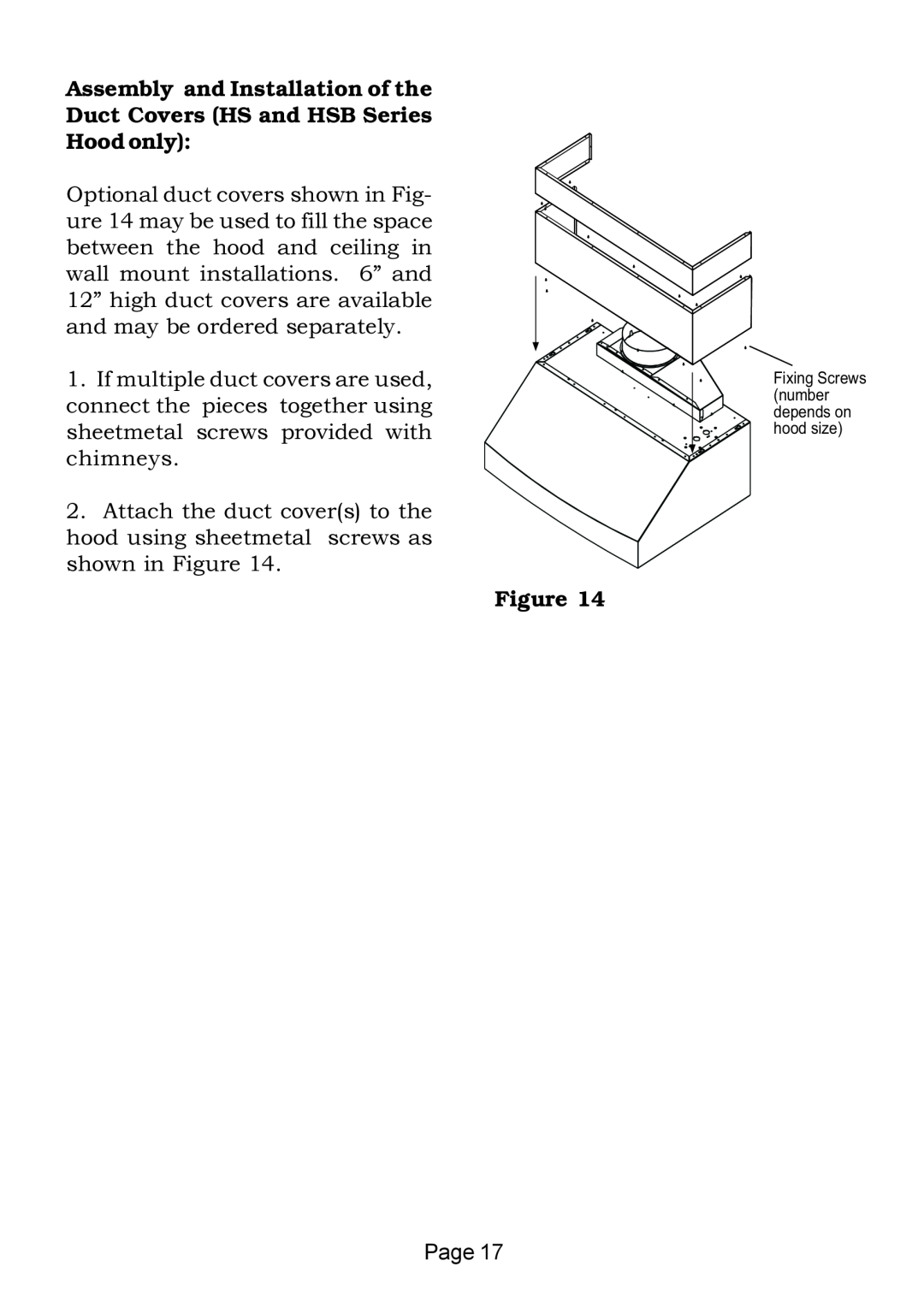 Thermador HS-HST-HSB installation instructions Assembly and Installation of the Duct Covers HS and HSB Series, Hood only 