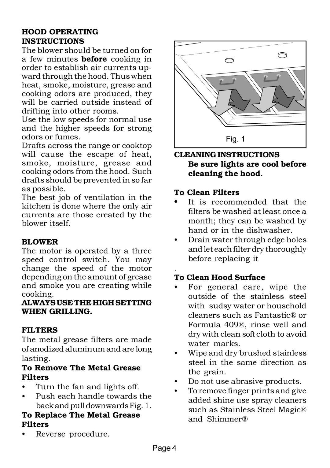 Thermador HSB Hood Operating Instructions, Blower, Always Use The High Setting When Grilling Filters, To Clean Filters 