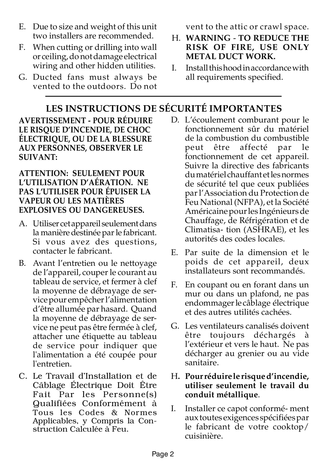 Thermador HDW, HSW, HCSW, HGSW installation instructions LES Instructions DE Sécurité Importantes 