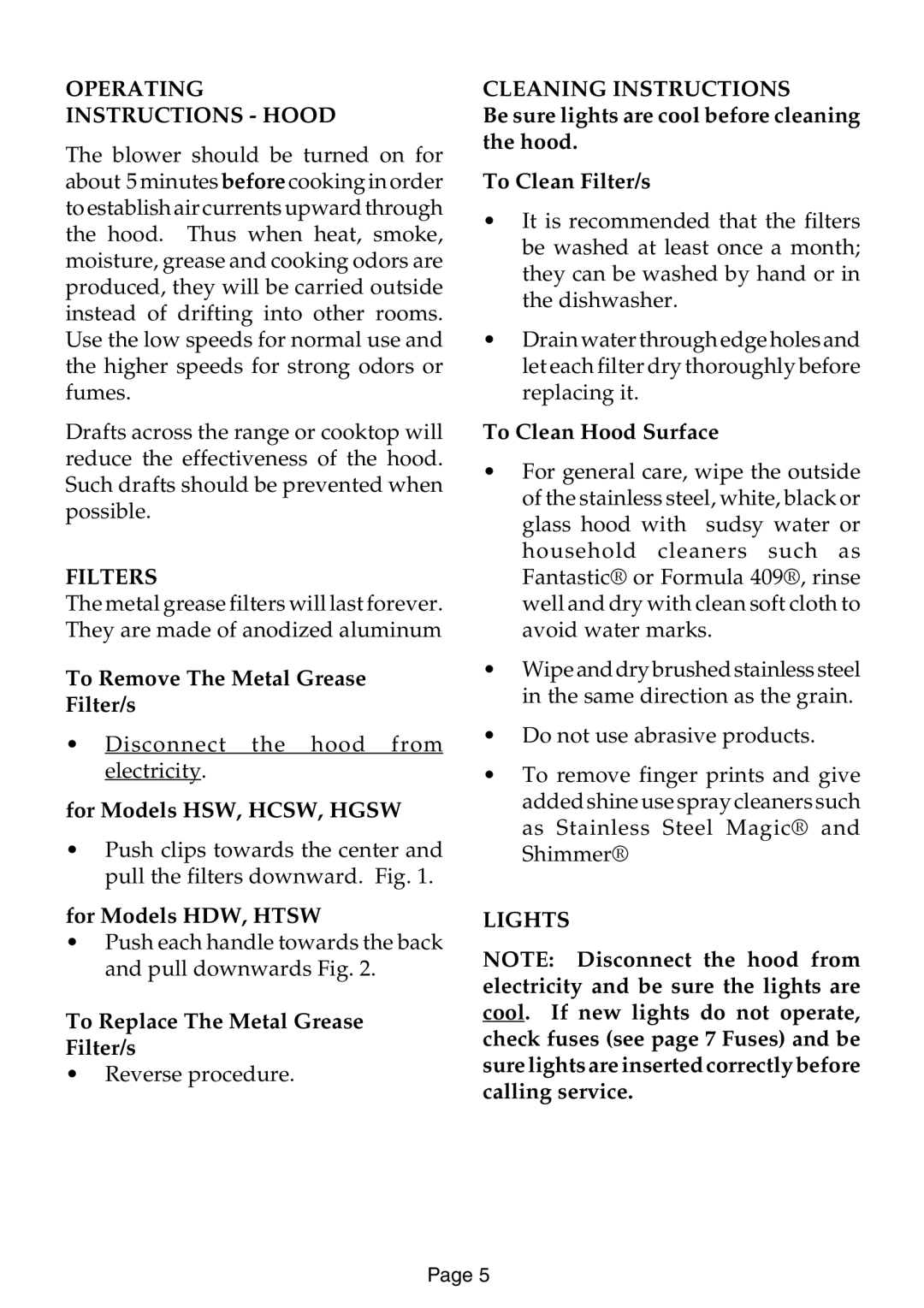 Thermador HCSW, HSW, HDW, HGSW installation instructions Operating Instructions Hood 