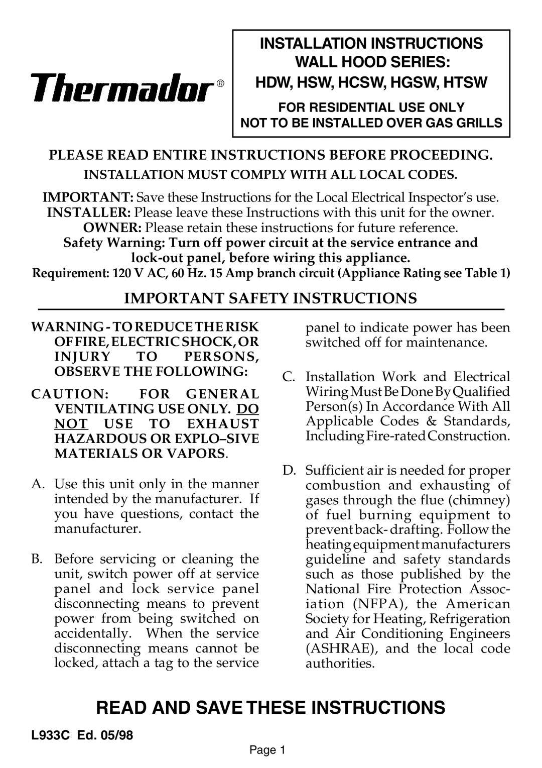 Thermador HCSW, HSW, HDW, HGSW installation instructions Read and Save These Instructions 