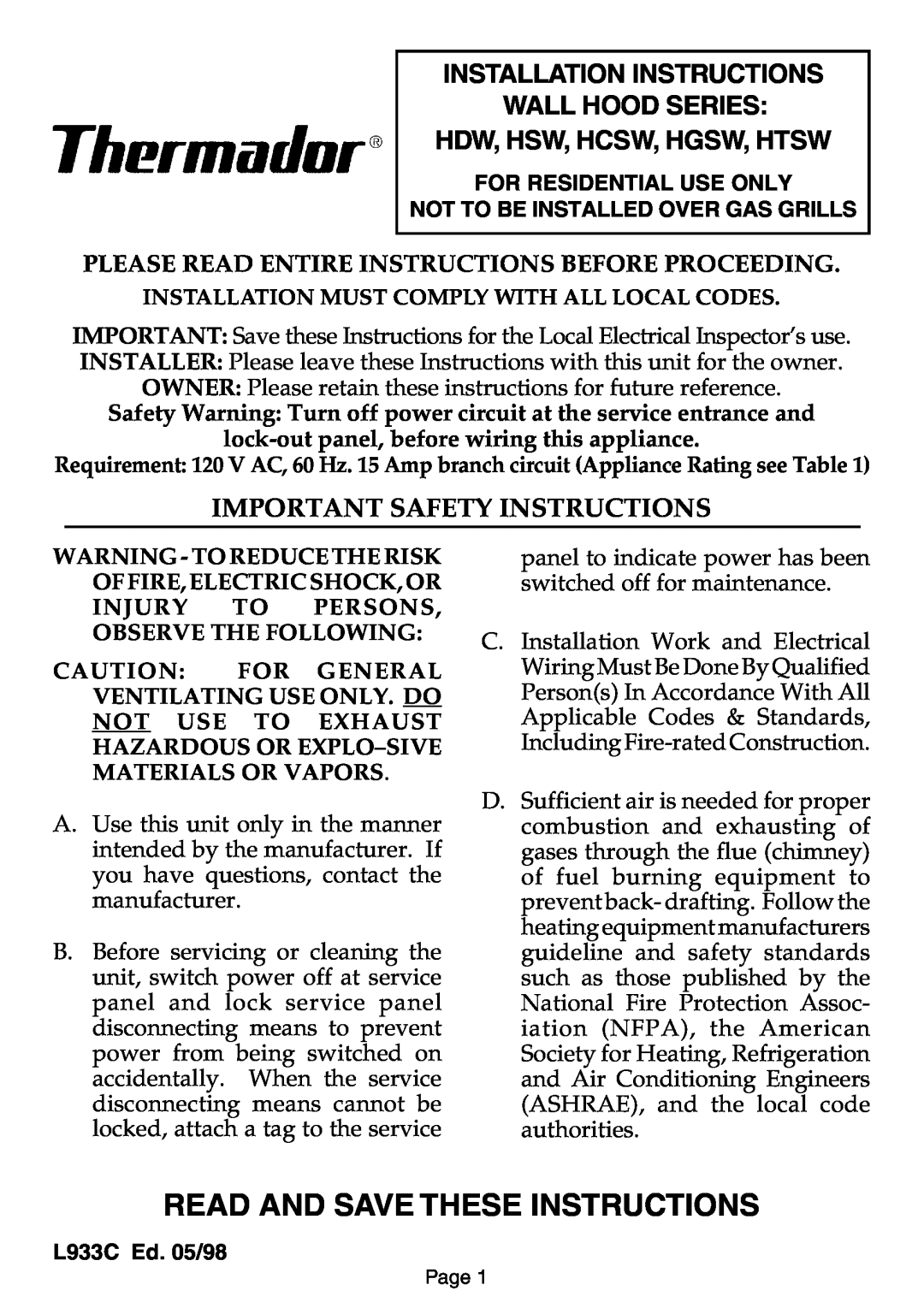 Thermador HCSW, HSW Installation Instructions Wall Hood Series Hdw, Hsw, Hcsw, Hgsw, Htsw, Important Safety Instructions 
