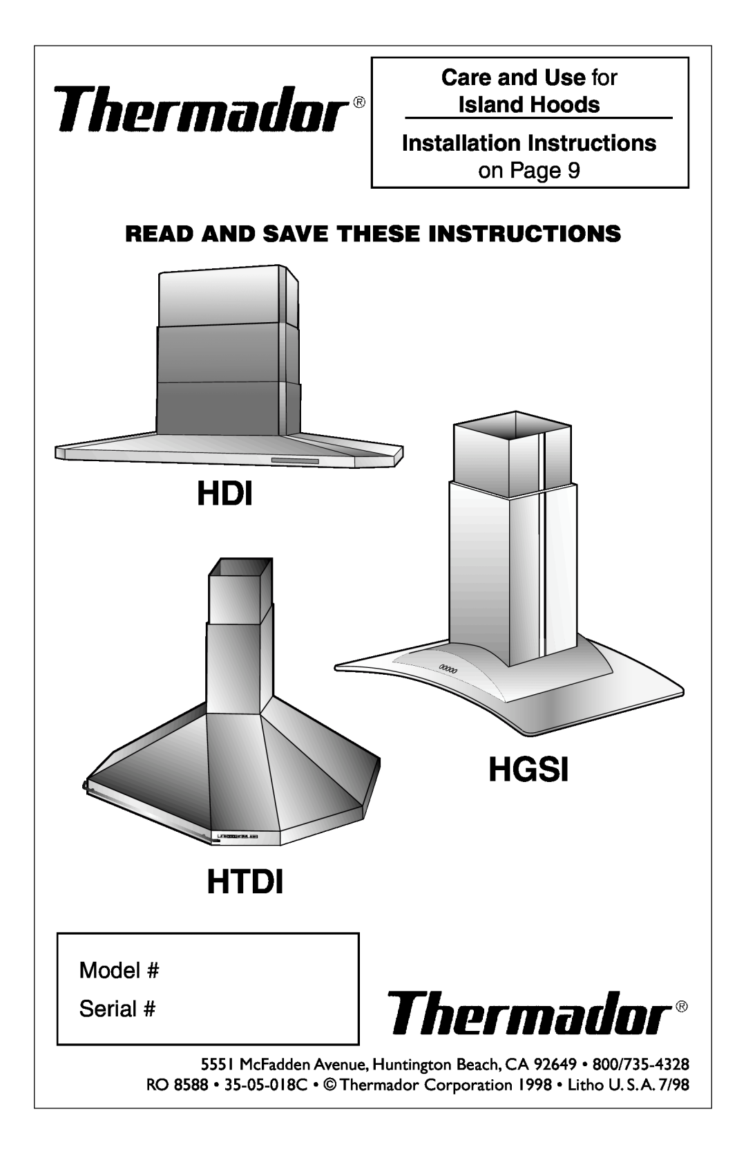Thermador HGSI installation instructions Care and Use for, Island Hoods, Installation Instructions, Htdi, Hgsi, on Page 