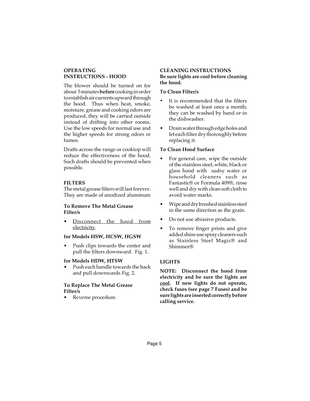 Thermador HTSW, HCSW, HDW, HGSW, HSW installation instructions Operating Instructions Hood 