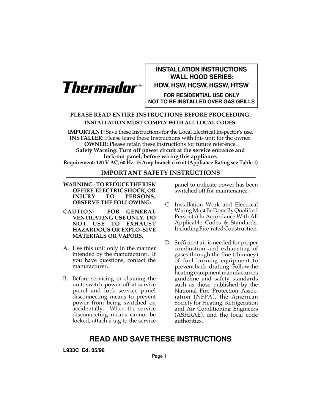 Thermador HTSW, HCSW, HDW, HGSW, HSW installation instructions Read and Save These Instructions 