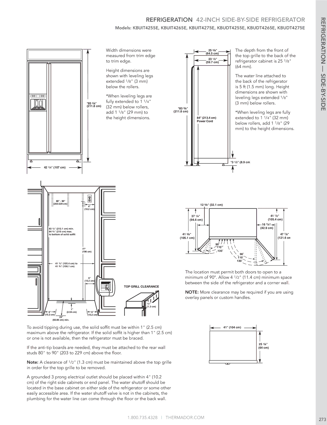 Thermador KBUIT4255E manual Refrigeration 42-INCH SIDE-BY-SIDE Refrigerator, 12 5/8 32.1 cm 