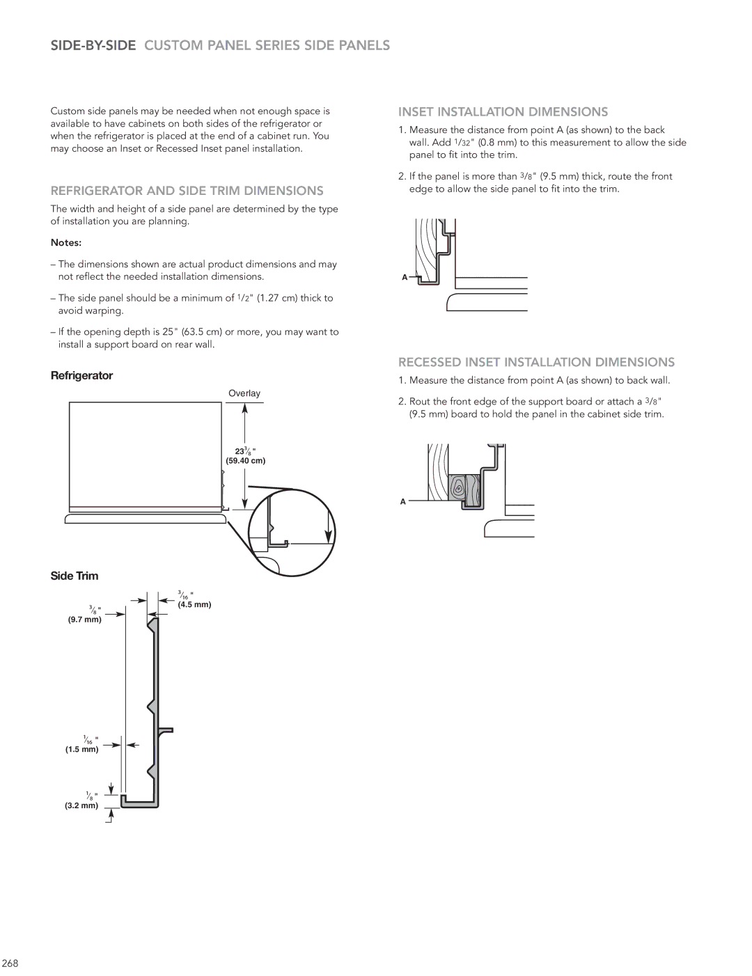 Thermador KBUIT4255E manual SIDE-BY-SIDECUSTOM Panel Series Side Panels, Refrigerator and Side Trim Dimensions 