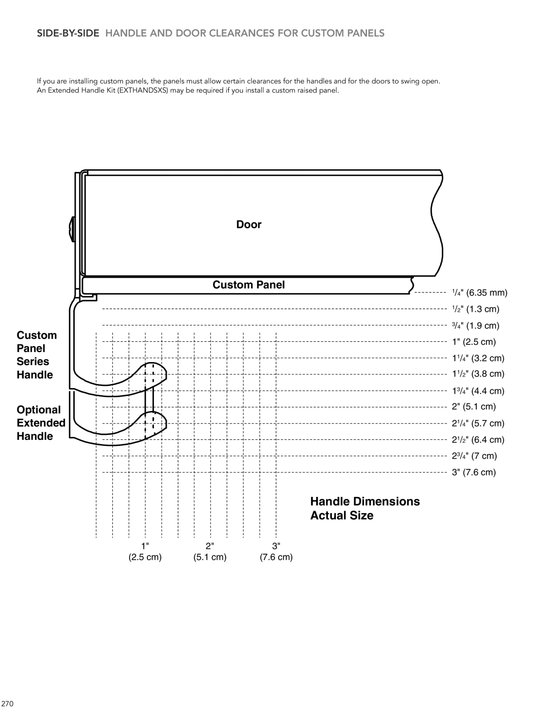 Thermador KBUIT4255E manual Handle Dimensions Actual Size, Custom Panel Series Handle Optional Extended, Door Custom Panel 