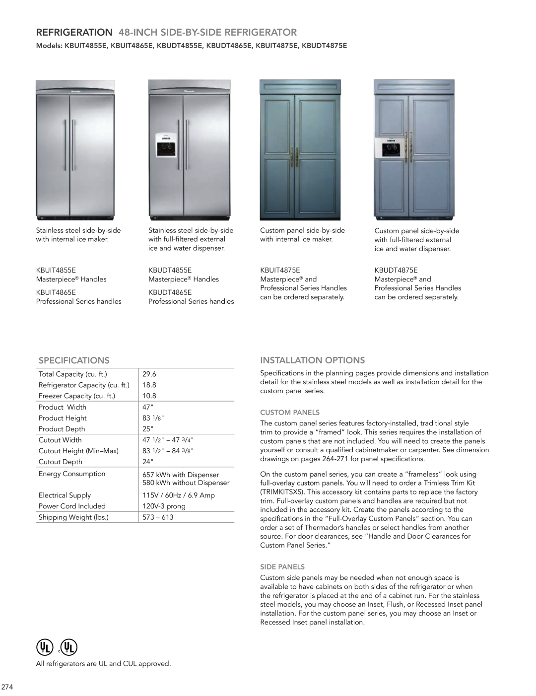Thermador KBUIT4255E manual REFRIGERATION 48-INCH SIDE-BY-SIDEREFRIGERATOR, Specifications, Installation Options 