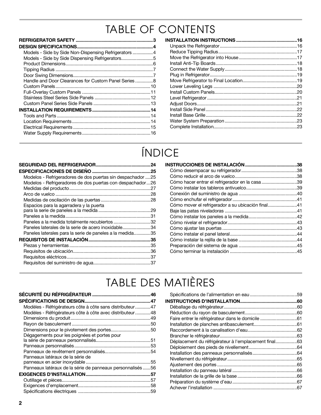 Thermador KBUDT4275E, KBUIT4275E, KBUIT4855E, KBUDT4865E, KBUIT4865E, KBUIT4265E Table of Contents, Índice, Table DES Matières 