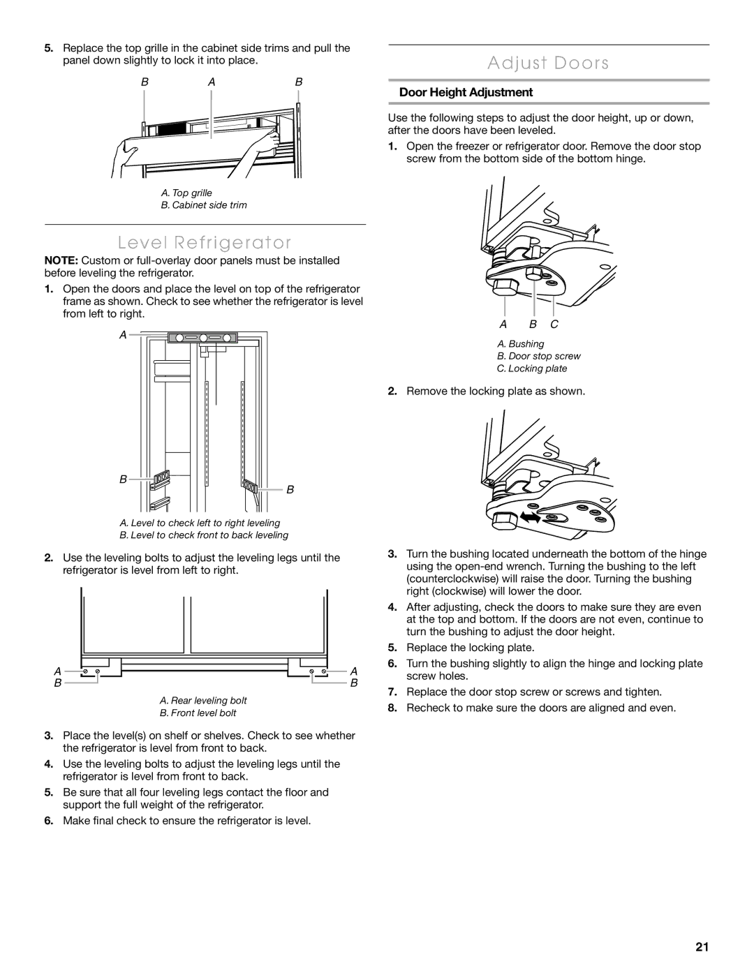 Thermador KBUDT4265E, KBUIT4275E, KBUIT4855E, KBUDT4275E, KBUDT4865E Adjust Doors, Level Refrigerator, Door Height Adjustment 