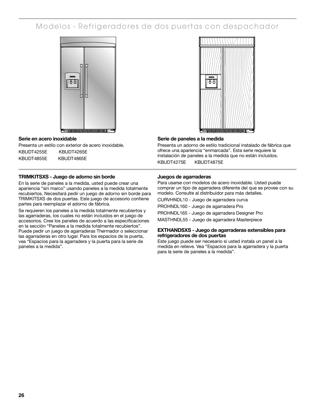 Thermador KBUIT4275E, KBUIT4855E, KBUDT4275E, KBUDT4865E, KBUIT4865E Modelos Refrigeradores de dos puertas con despachador 