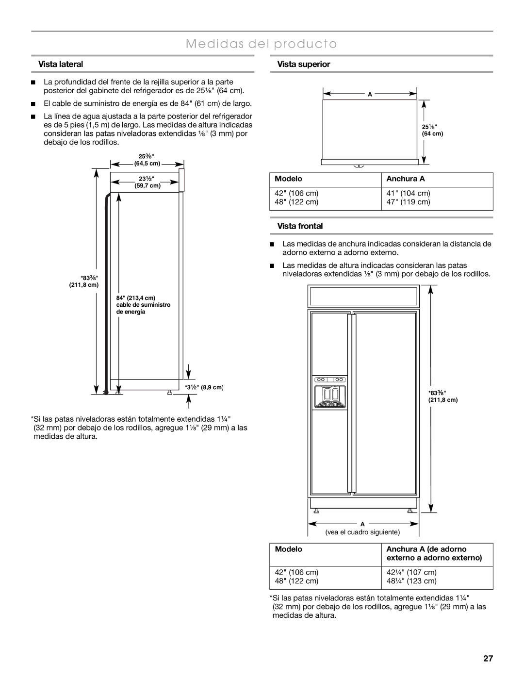 Thermador KBUIT4855E, KBUIT4275E, KBUDT4275E, KBUDT4865E Medidas del producto, Vista lateral, Vista superior, Vista frontal 