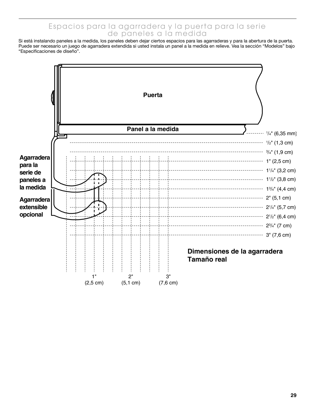 Thermador KBUDT4865E, KBUIT4275E, KBUIT4855E, KBUDT4275E, KBUIT4865E, KBUIT4265E Dimensiones de la agarradera Tamaño real 