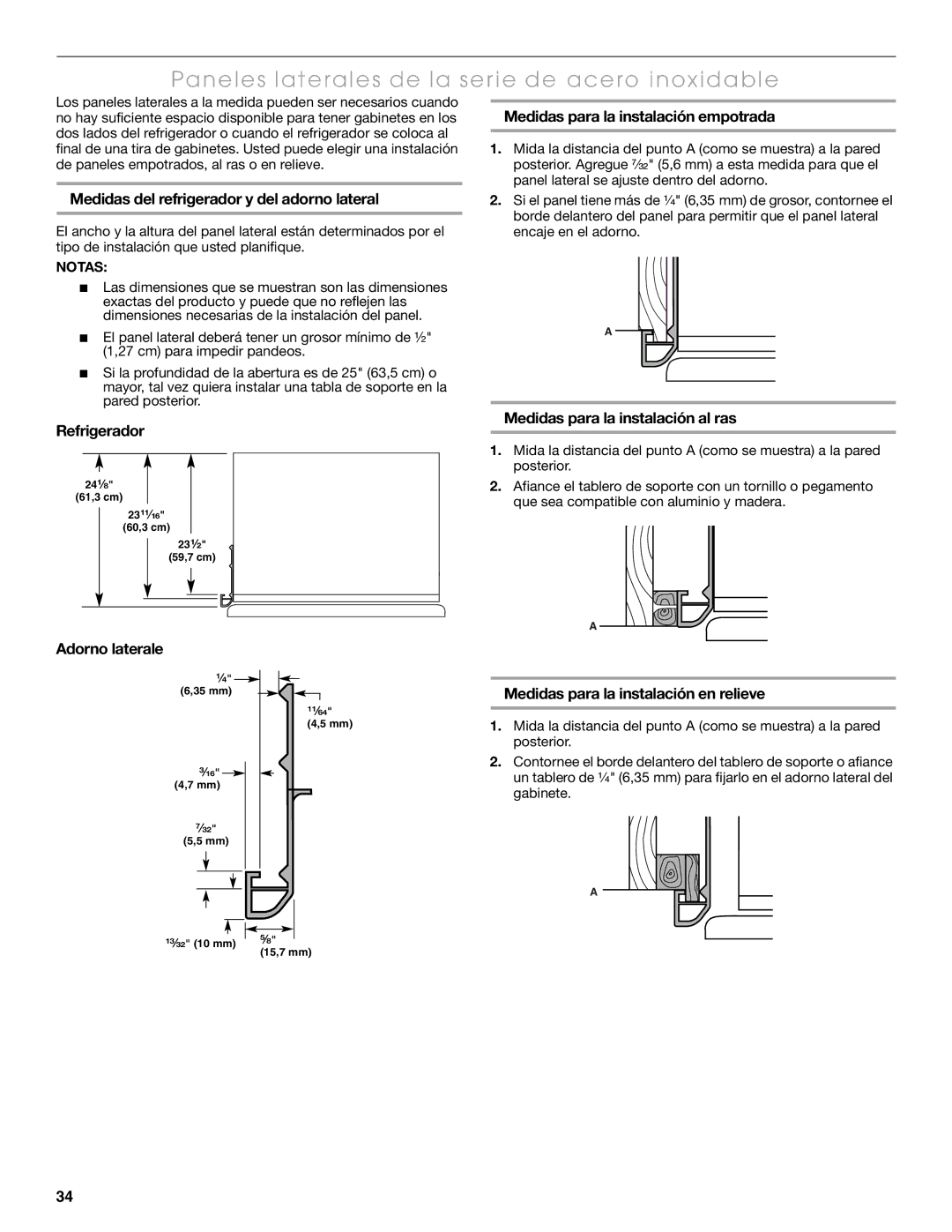 Thermador KBUDT4265E, KBUIT4275E, KBUIT4855E, KBUDT4275E, KBUDT4865E Paneles laterales de la serie de acero inoxidable 