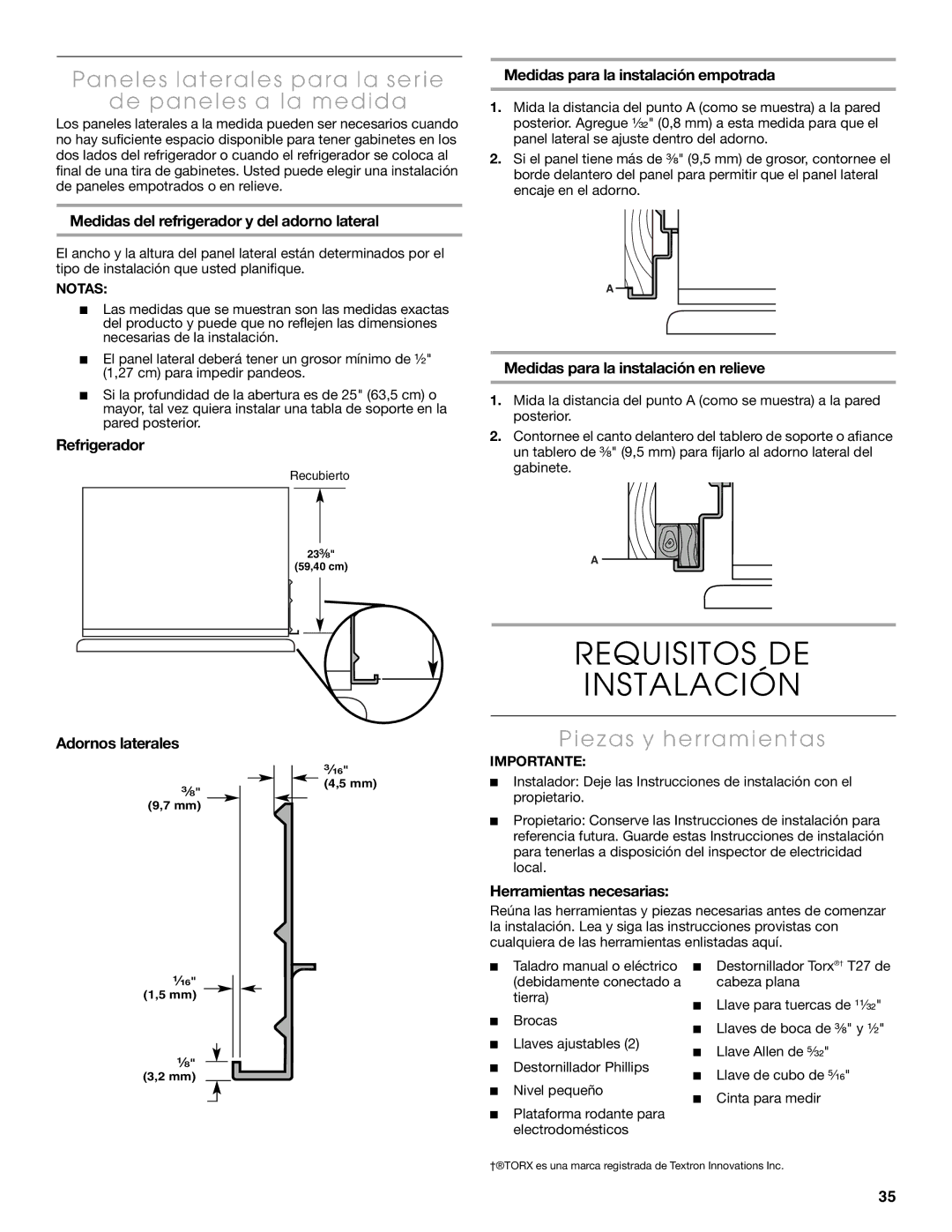 Thermador KBUDT4855E Requisitos DE Instalación, Paneles laterales para la serie De paneles a la medida, Adornos laterales 