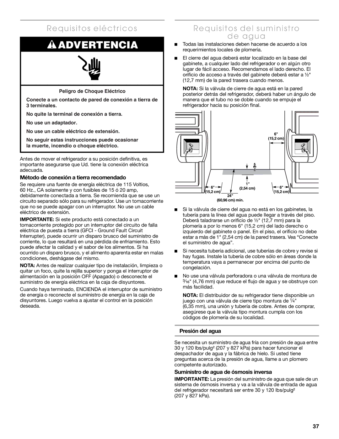 Thermador 2327570A Requisitos eléctricos Requisitos del suministro, De agua, Método de conexión a tierra recomendado 