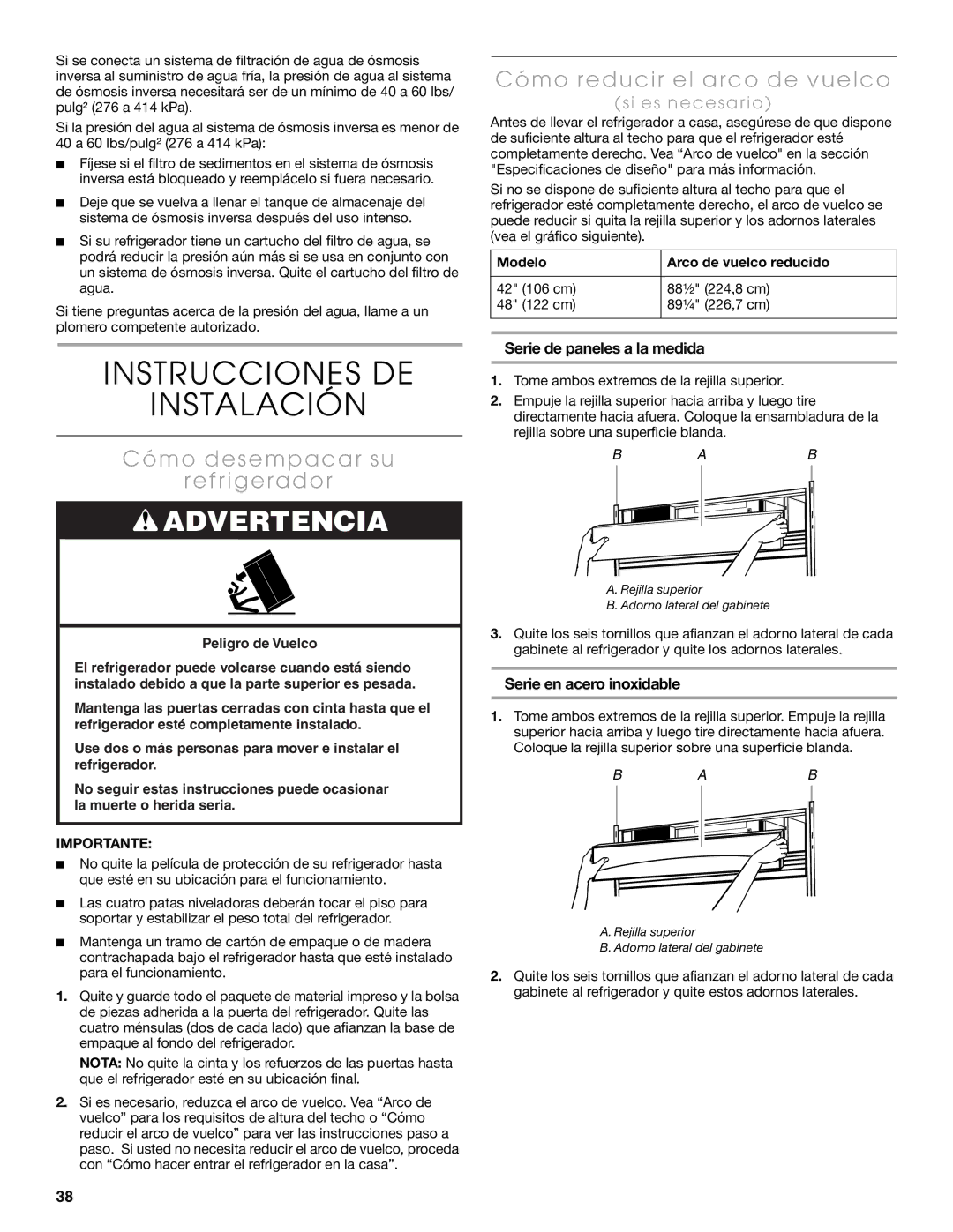 Thermador KBUIT4275E Instrucciones DE Instalación, Cómo desempacar su Refrigerador, Cómo reducir el arco de vuelco 