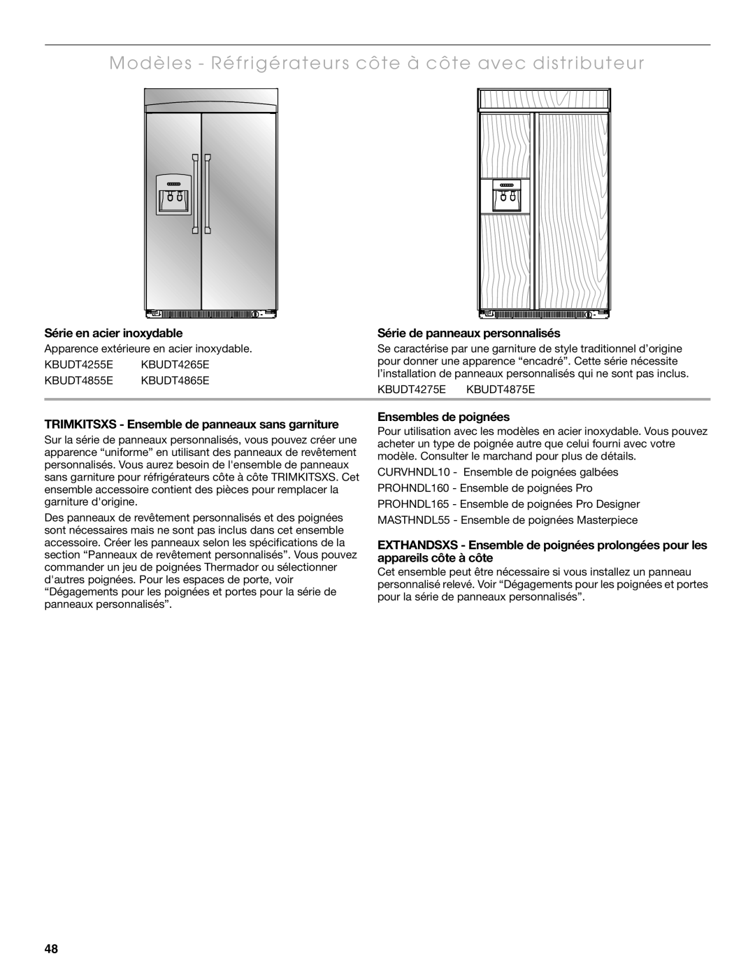 Thermador KBUDT4855E, KBUIT4275E, KBUIT4855E, KBUDT4275E, KBUDT4865E Modèles Réfrigérateurs côte à côte avec distributeur 