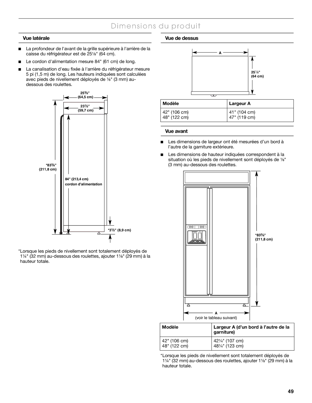 Thermador KBUDT4255E, KBUIT4275E, KBUIT4855E, KBUDT4275E Dimensions du produit, Vue latérale, Vue de dessus, Vue avant 