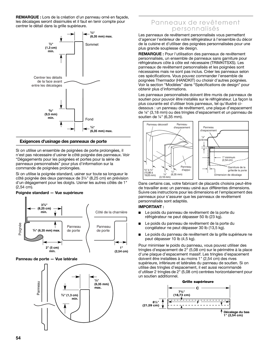 Thermador KBUDT4275E, KBUIT4275E, KBUIT4855E Panneaux de revêtement Personnalisés, Exigences dusinage des panneaux de porte 