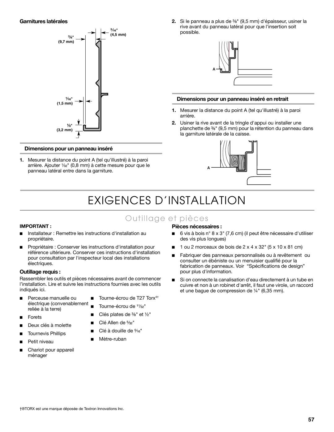 Thermador KBUIT4265E, KBUIT4275E Exigences D’INSTALLATION, Outillage et pièces, Pièces nécessaires, Outillage requis 