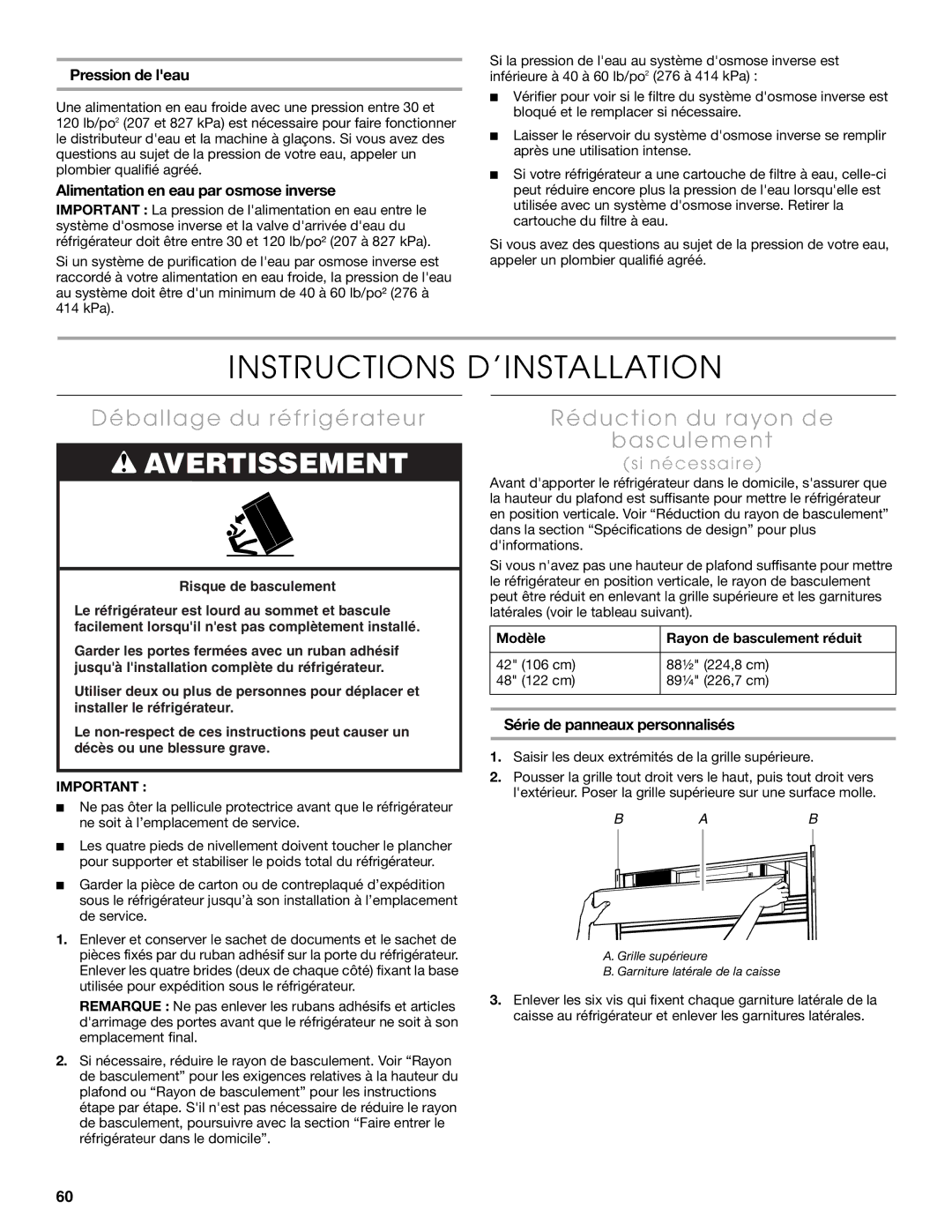 Thermador KBUDT4265E, 2327570A Instructions D’INSTALLATION, Déballage du réfrigérateur, Réduction du rayon de Basculement 