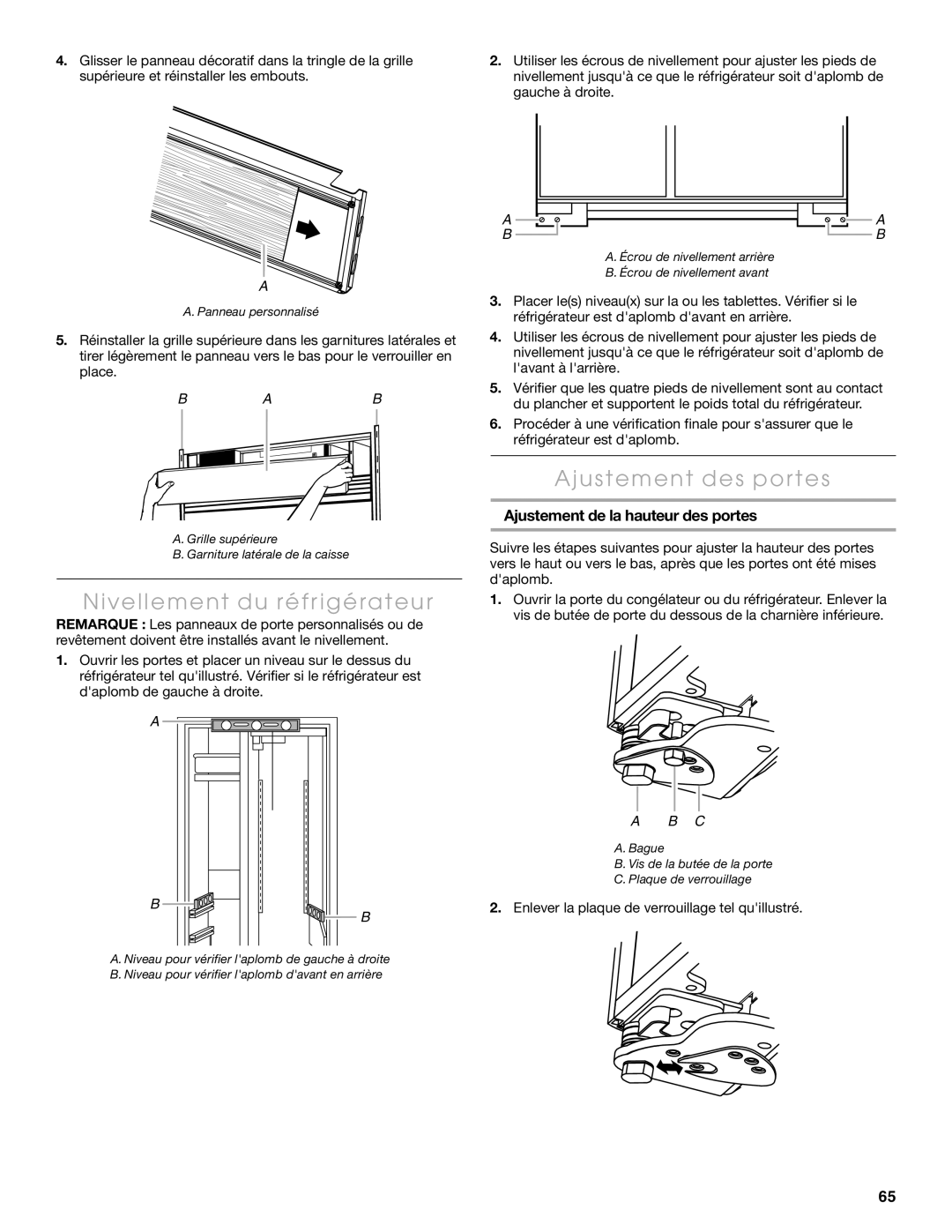 Thermador KBUIT4275E, KBUIT4855E Nivellement du réfrigérateur, Ajustement des portes, Ajustement de la hauteur des portes 