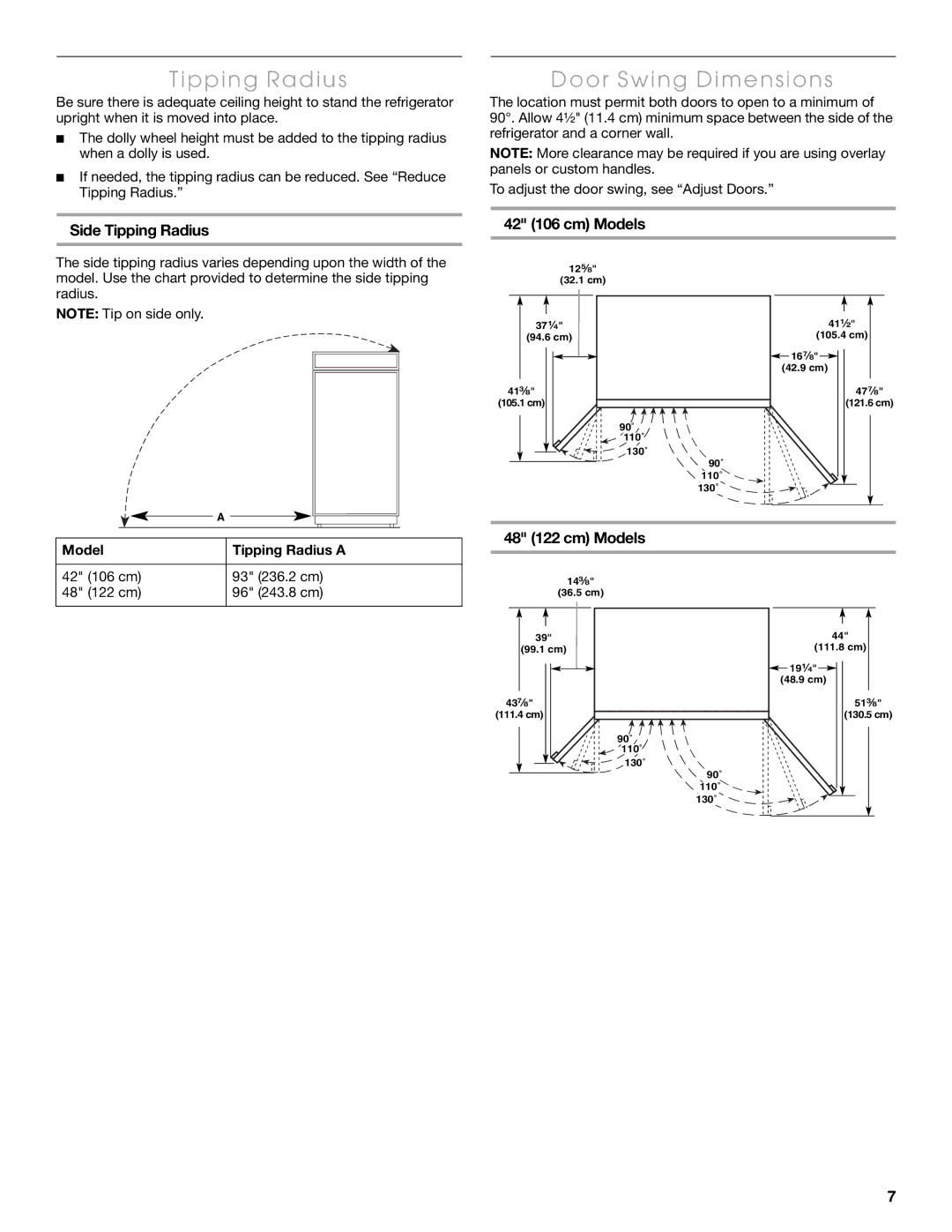 Thermador KBUDT4875E, KBUIT4275E Door Swing Dimensions, Side Tipping Radius, 42 106 cm Models, 48 122 cm Models 