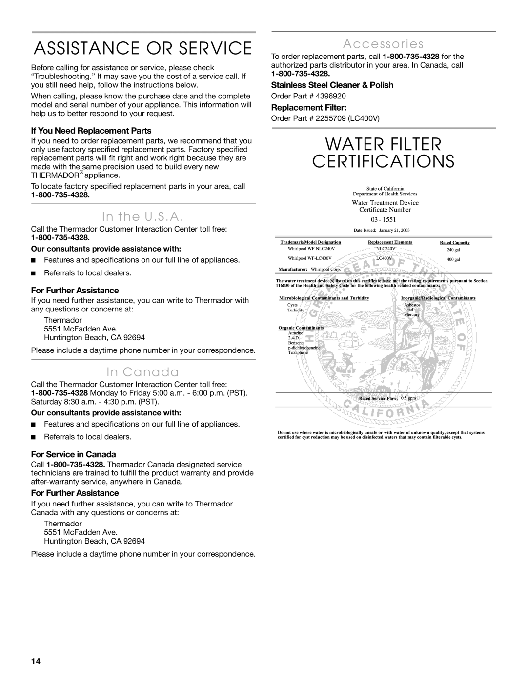 Thermador KBURT3665E, KBURT3675E, KBULT3675E Assistance or Service, Water Filter Certifications, U.S.A, Canada, Accessories 