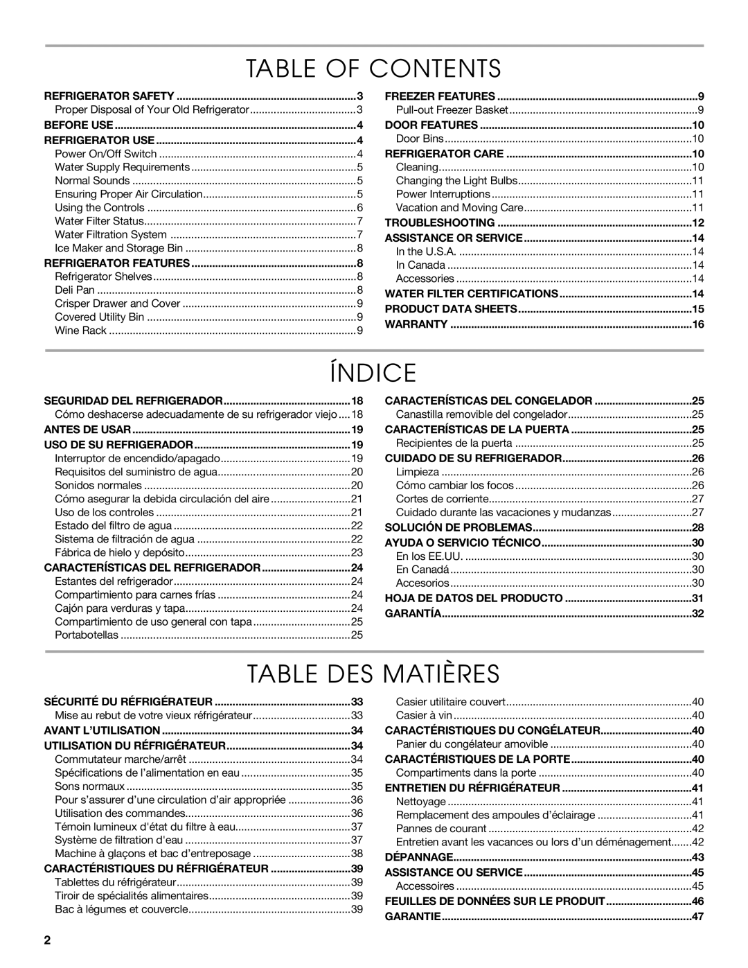 Thermador KBURT3665E, KBURT3675E, KBULT3675E, KBURT3655E, KBULT3655E, KBULT3665E Table of Contents, Índice, Table DES Matières 