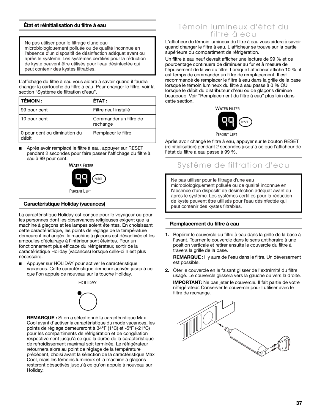 Thermador KBULT3675E Témoin lumineux détat du Filtre à eau, Système de filtration deau, Caractéristique Holiday vacances 