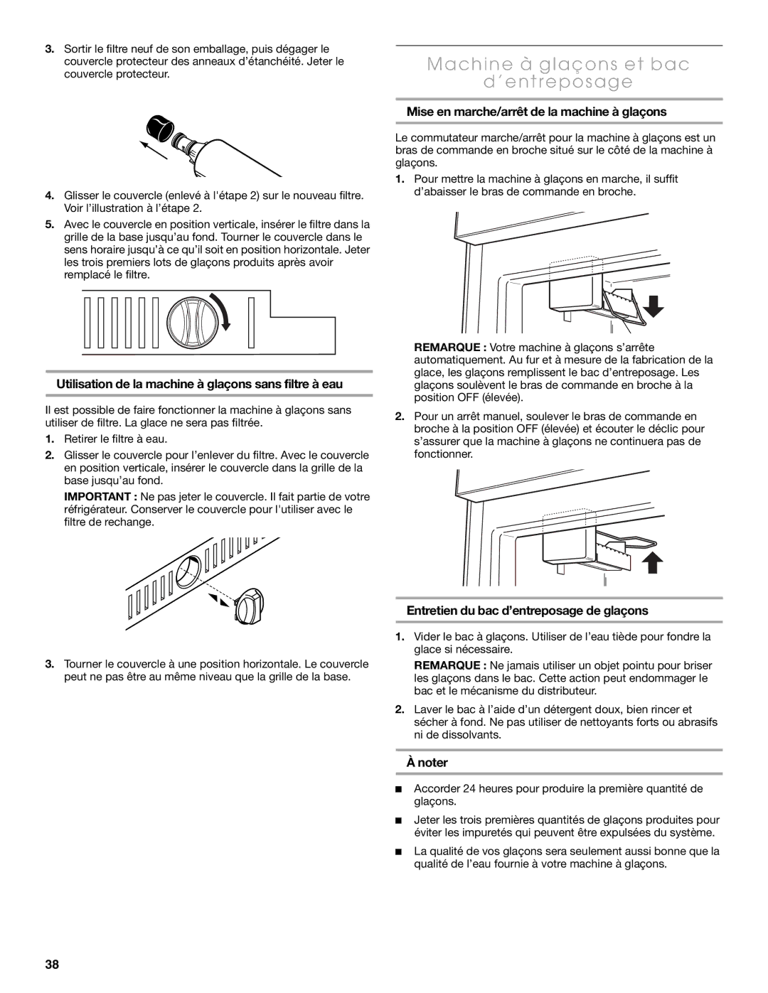 Thermador KBURT3665E manual Machine à glaçons et bac ’entreposage, Utilisation de la machine à glaçons sans filtre à eau 