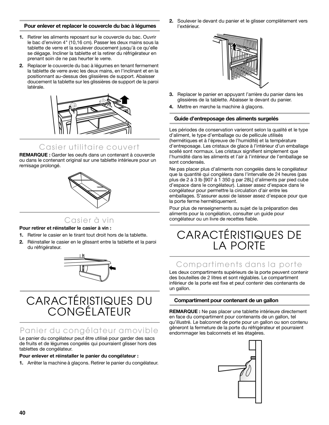 Thermador KBULT3655E, KBURT3675E, KBULT3675E, KBURT3665E manual Caractéristiques DU Congélateur, Caractéristiques DE LA Porte 