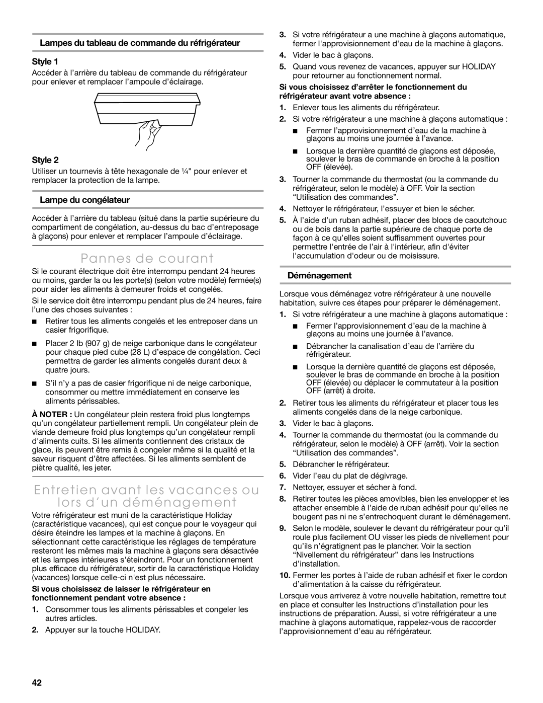 Thermador KBURT3675E manual Pannes de courant, Entretien avant les vacances ou Lors d’un déménagement, Lampe du congélateur 