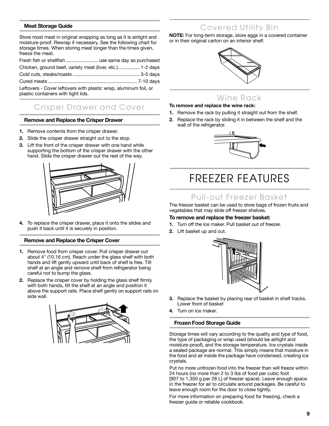 Thermador KBURT3655E Freezer Features, Crisper Drawer and Cover, Covered Utility Bin Wine Rack, Pull-out Freezer Basket 