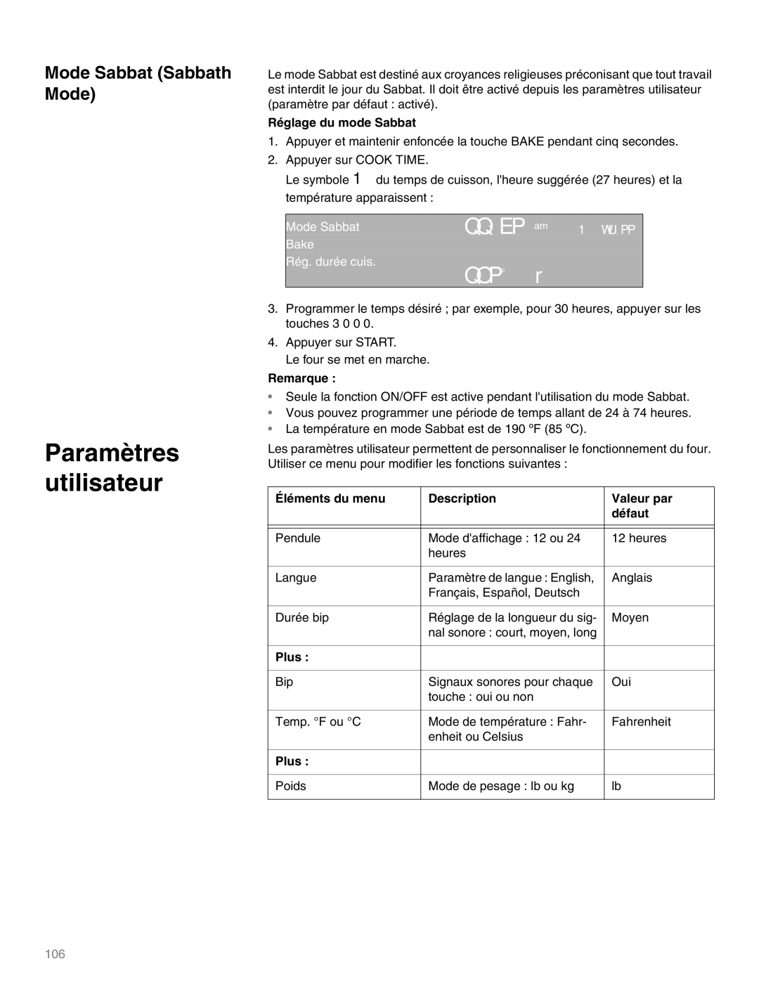 Thermador M271E, M301E manual Paramètres utilisateur, Mode Sabbat Sabbath Mode, Réglage du mode Sabbat, Plus 